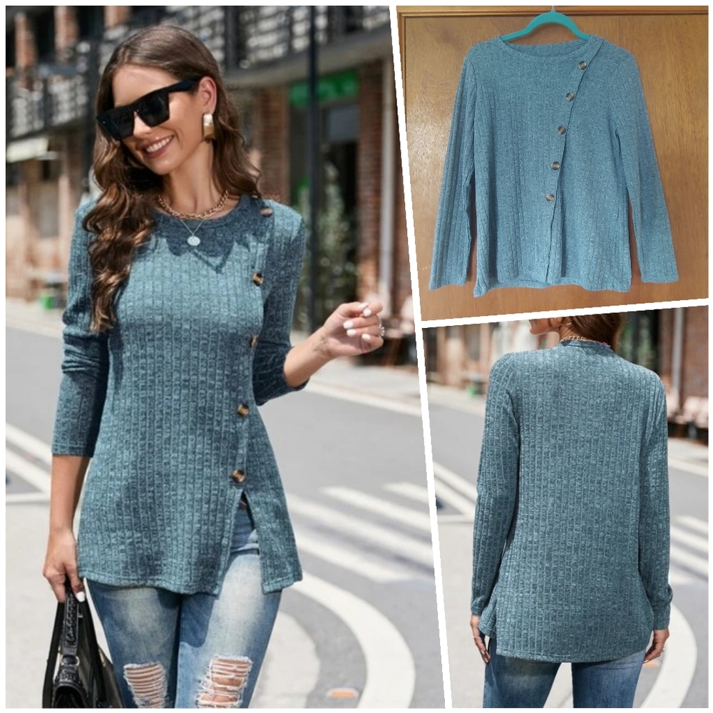 NWT Blue Ribbed Light Tunic Sweater Crew Neck Long Sleeve Asymmetrical Button M